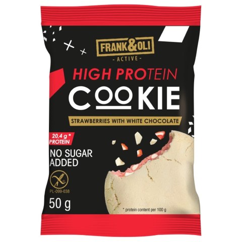 Ciastko proteinowe o smaku truskawek z białą czekoladą Frank&Oli, 50g