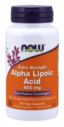 NOW FOODS ALA - Kwas Alfa Liponowy 600 mg + Ekstrakt z Winogron + Bioperyna (60 kaps.)