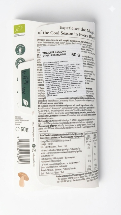 TABLICZKA KAKAOWA DYNIA - CYNAMON BEZGLUTENOWA BIO 60 g - BENJAMISSIMO (PRODUKT SEZONOWY)