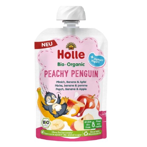 MUS BRZOSKWINIOWY PINGWIN (BRZOSKWINIA - BANAN - JABŁKO - JOGURT) BEZ DODATKU CUKRÓW BEZGLUTENOWY OD 8 MIESIĄCA BIO 100 g - HOLL