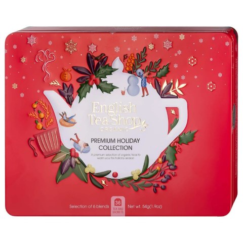 ZESTAW HERBAT I HERBATEK ŚWIĄTECZNYCH PREMIUM BIO W PUSZCE (6 SMAKÓW) (36 x 1,5 g) 54 g - ENGLISH TEA SHOP ORGANIC (PRODUKT SEZO
