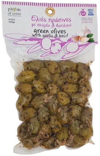 Oliwki zielone z czosnkiem i bazylią 250g