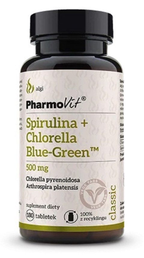 SPIRULINA + CHLORELLA BLUE-GREEN BEZGLUTENOWA 180 TABLETEK - PHARMOVIT (CLASSIC)