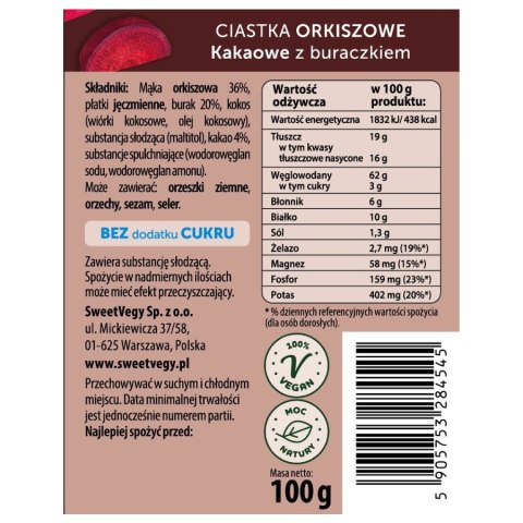 Ciastka orkiszowe kakaowe z buraczkiem SweetVegy, 100g