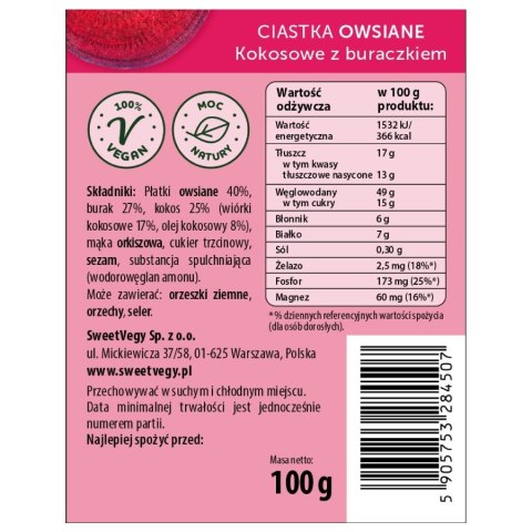 Ciastka owsiane "Kokosowe z buraczkiem" SweetVegy, 100g
